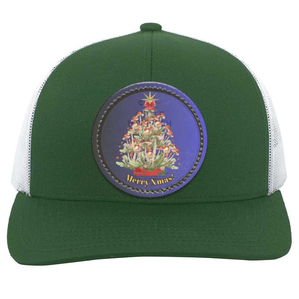 Mushroom Xmas Tree Circle hat patch. Ombre dk Blue Blk circle border, CC "Mushroom Xmas Tree", Trucker Snapback Hat with Blue Ombre Circle Vegan Leather Patch patch104C Trucker Snap Back
