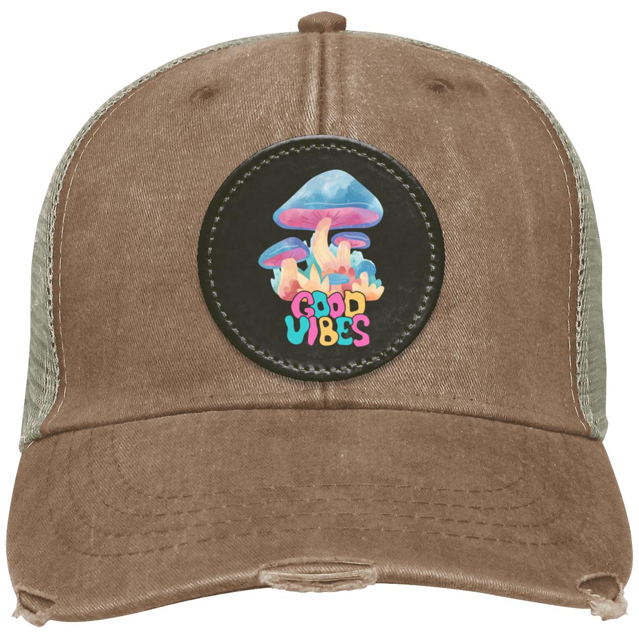 "Good Vibes" Distressed Ollie Cap with Black Circle Vegan Patch