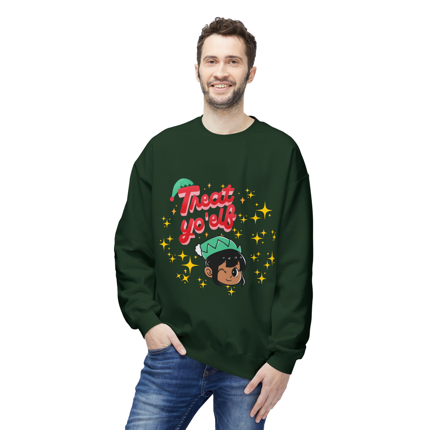 "Treat Yo'Elf" — Cute Elf Holiday Unisex Crewneck Sweatshirt