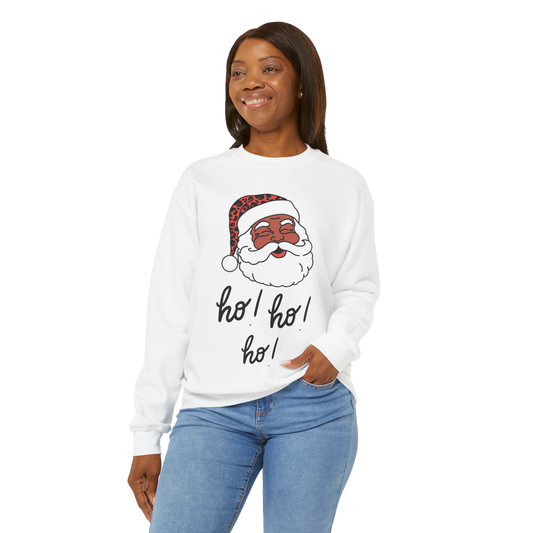 "Smiling (Brown) Santa-Ho, Ho Ho!" Unisex, Heavy Blend Sweatshirt, Black Text