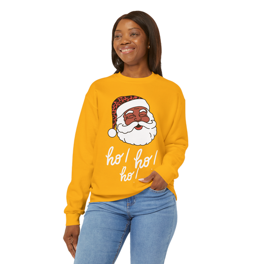 "Smiling (Brown) Santa - Ho Ho Ho!" Unisex Heavy Blend Sweatshirt, White Text
