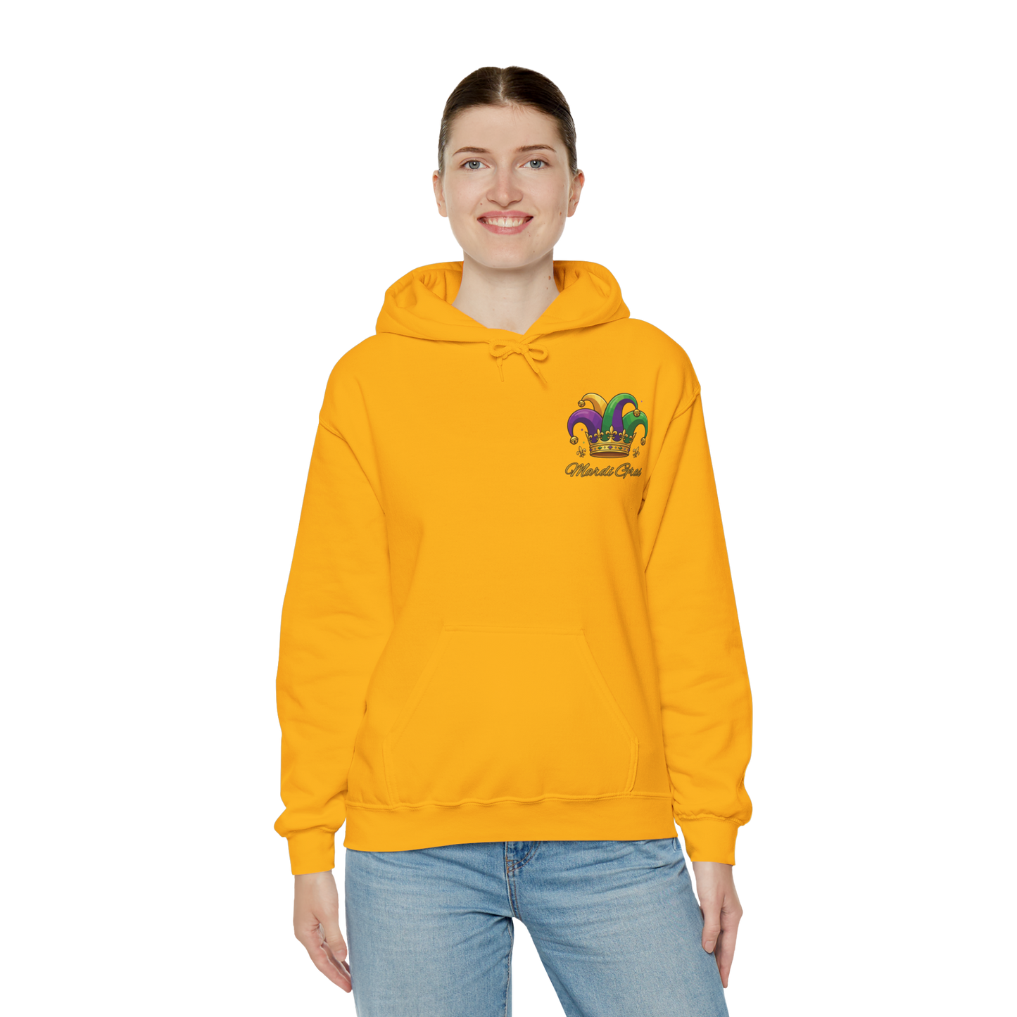 "Mardi Gras Jester Crown" Unisex Pullover Hoodie.  Festive Colorful Front Chest & Bold Back Designs Make This THE Hoodie Of Carnival Season!