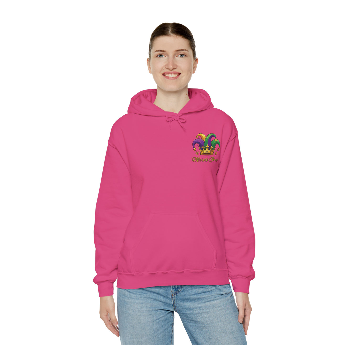 "Mardi Gras Jester Crown" Unisex Pullover Hoodie.  Festive Colorful Front Chest & Bold Back Designs Make This THE Hoodie Of Carnival Season!
