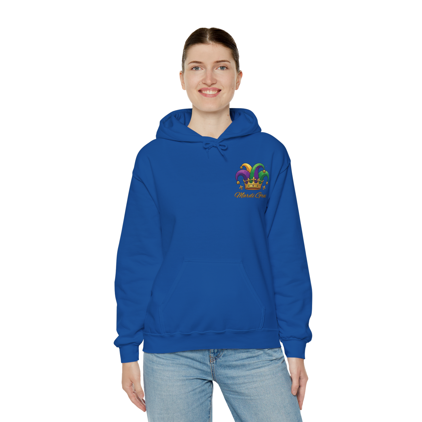"Mardi Gras Jester Crown" Unisex Pullover Hoodie.  Festive Colorful Front Chest & Bold Back Designs Make This THE Hoodie Of Carnival Season!