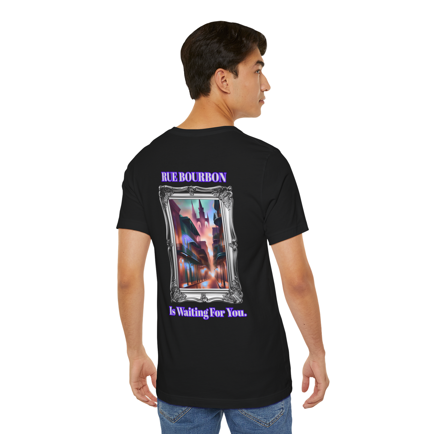 "Rue Bourbon" Our Vibrant Bourbon Street Unisex T-Shirt. Great for Halloween or Mardi Gras, Or Casual Wear!