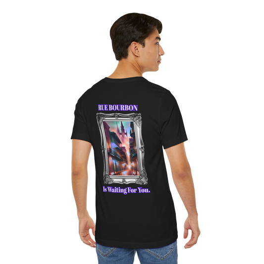 "Rue Bourbon" Our Vibrant Bourbon Street Unisex T-Shirt. Great for Halloween or Mardi Gras, Or Casual Wear!