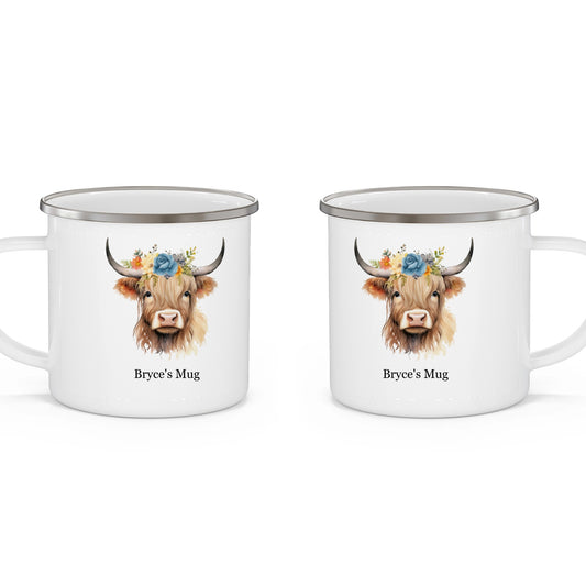 "Highland Cow" Personalized (Blue Rose) Enamel Camping Mug