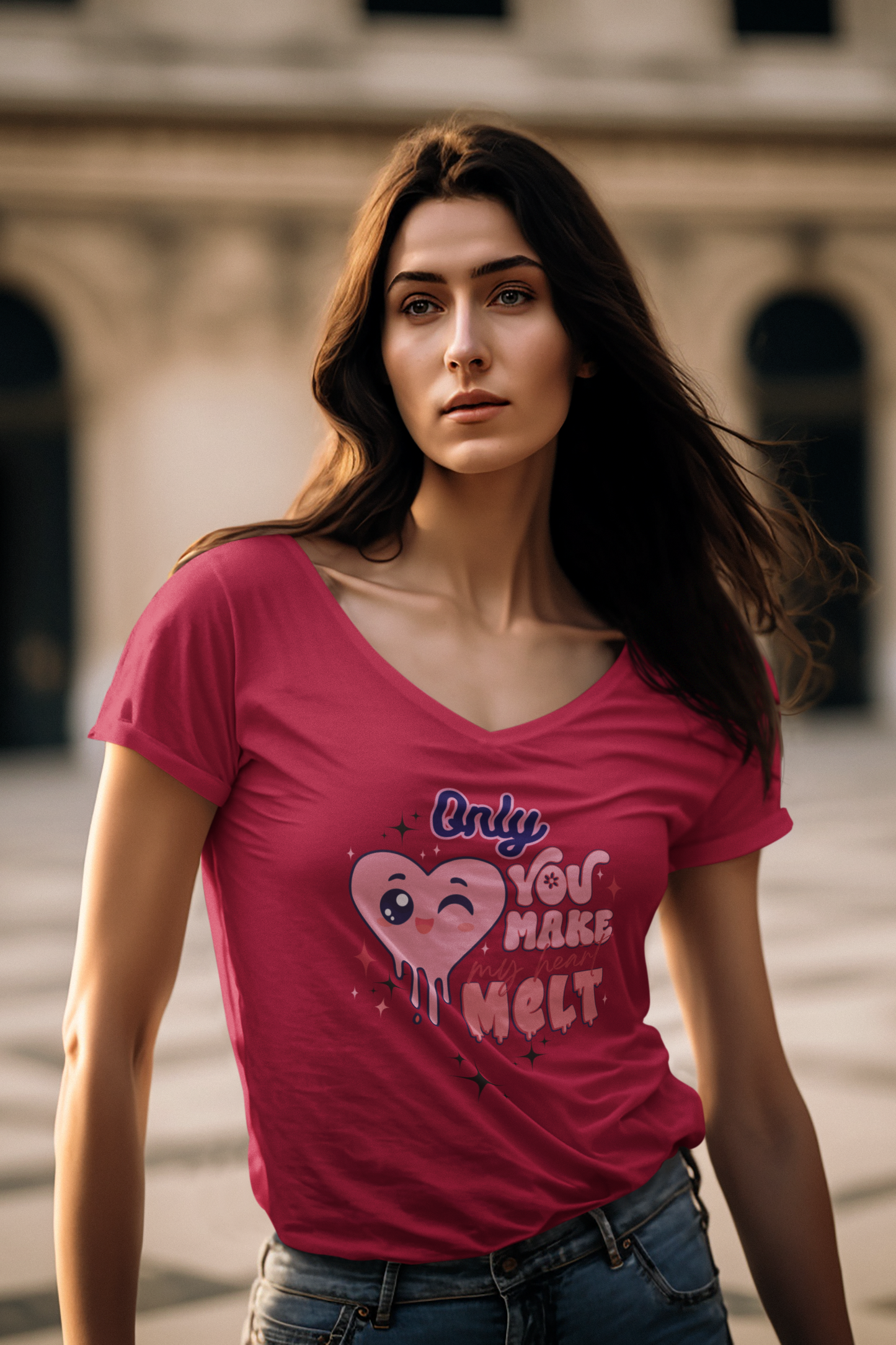 "Only You Make My Heart Melt" Woman's Jersey Short Sleeve V-Neck Tee