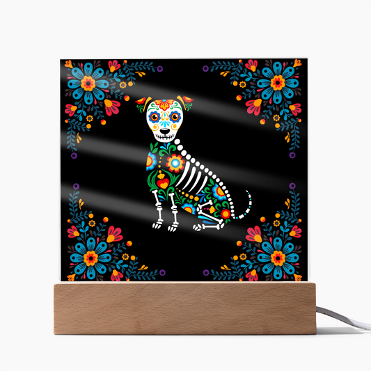El Dia De Los Muertos, "Sugar Skull Style Dog", Acrylic Plaque. A beautiful artistic addition to any home!