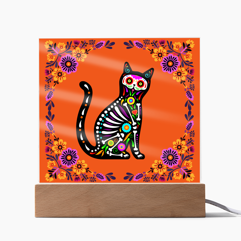 "Sugar Skull Cat"  with Burnt Orange Background, Acrylic Plaque.  A Great gift for  "El Dia De Los Muertos", Halloween or Fall Season!