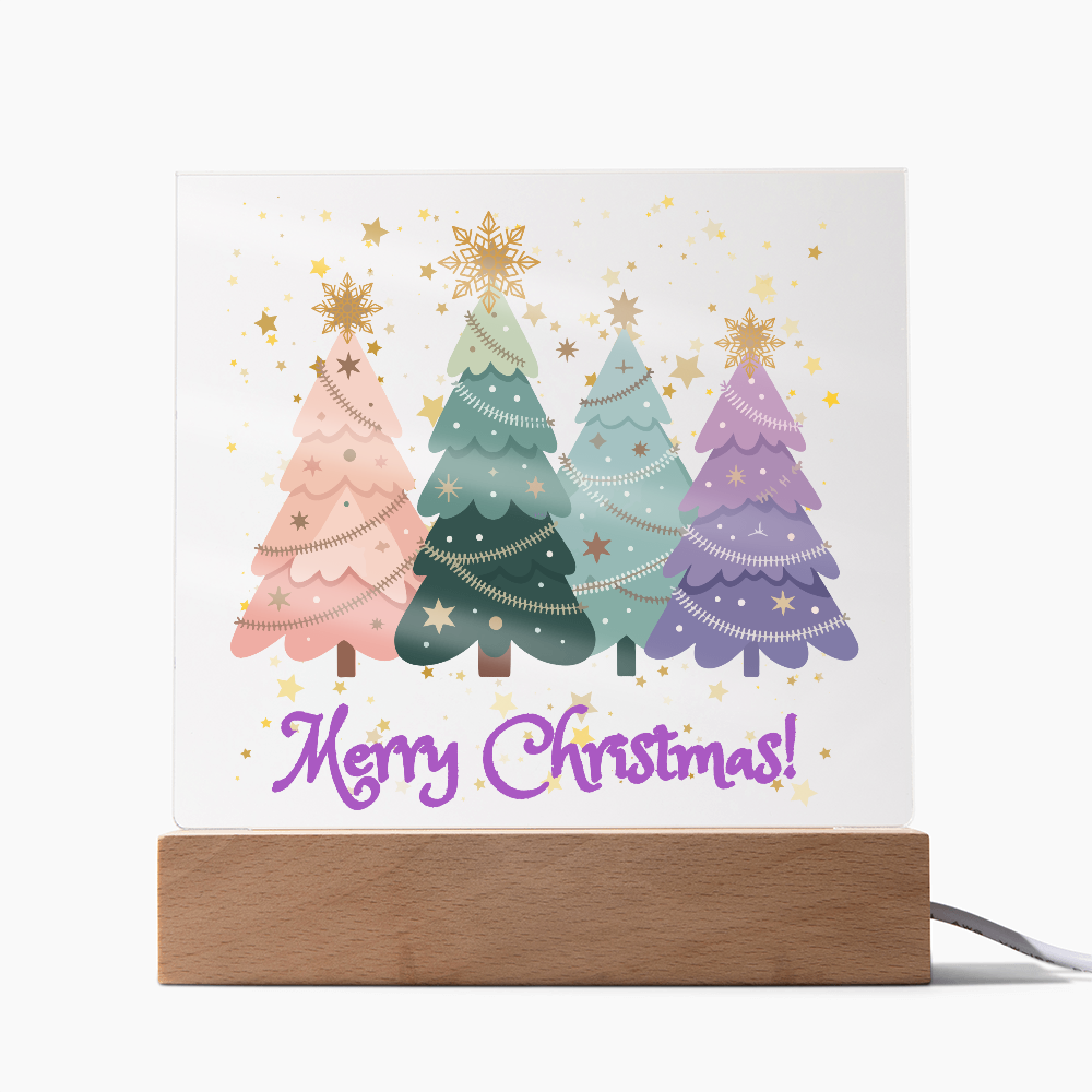 "Merry Xmas!" Enjoy The Magic Of Xmas  With Colorful Pastel Xmas Trees Surrounded By Falling Golden Snowflakes & Stars, Everytime You Turn On Your Beautiful Plaque!