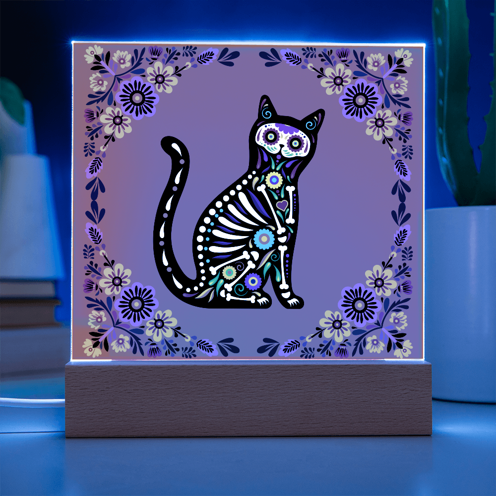 "Sugar Skull Cat"  with Burnt Orange Background, Acrylic Plaque.  A Great gift for  "El Dia De Los Muertos", Halloween or Fall Season!