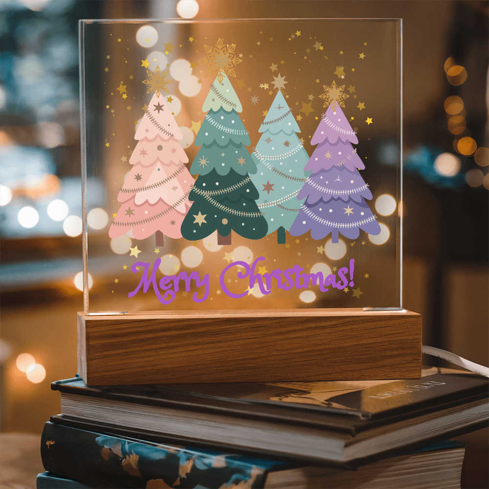 "Merry Xmas!" Enjoy The Magic Of Xmas  With Colorful Pastel Xmas Trees Surrounded By Falling Golden Snowflakes & Stars, Everytime You Turn On Your Beautiful Plaque!