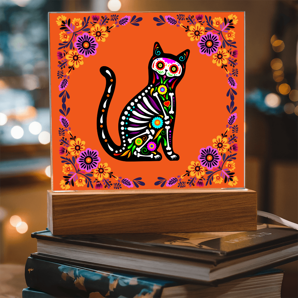 "Sugar Skull Cat"  with Burnt Orange Background, Acrylic Plaque.  A Great gift for  "El Dia De Los Muertos", Halloween or Fall Season!