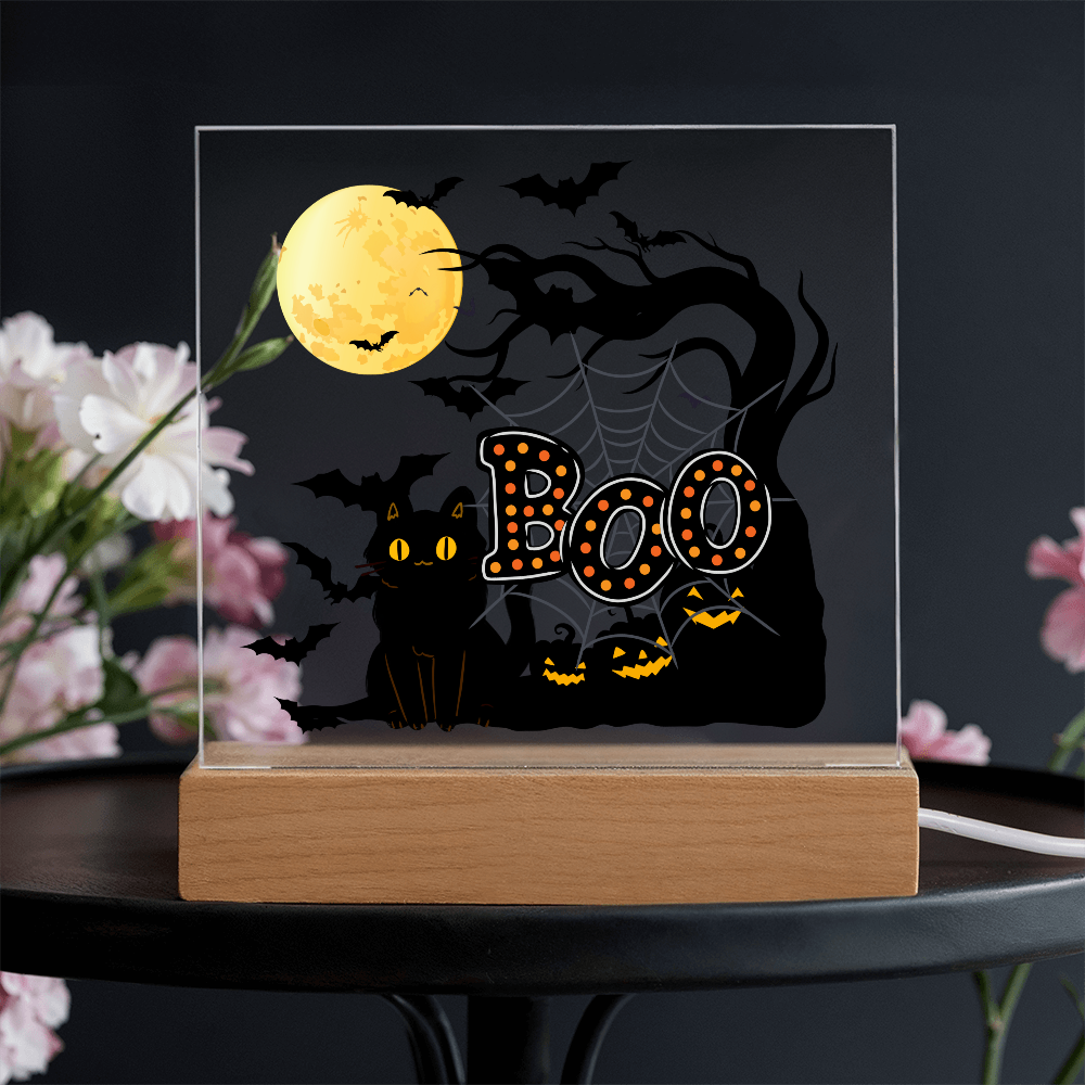 "Boo" Halloween Full Moon, Illuminated Acrylic Plaque!