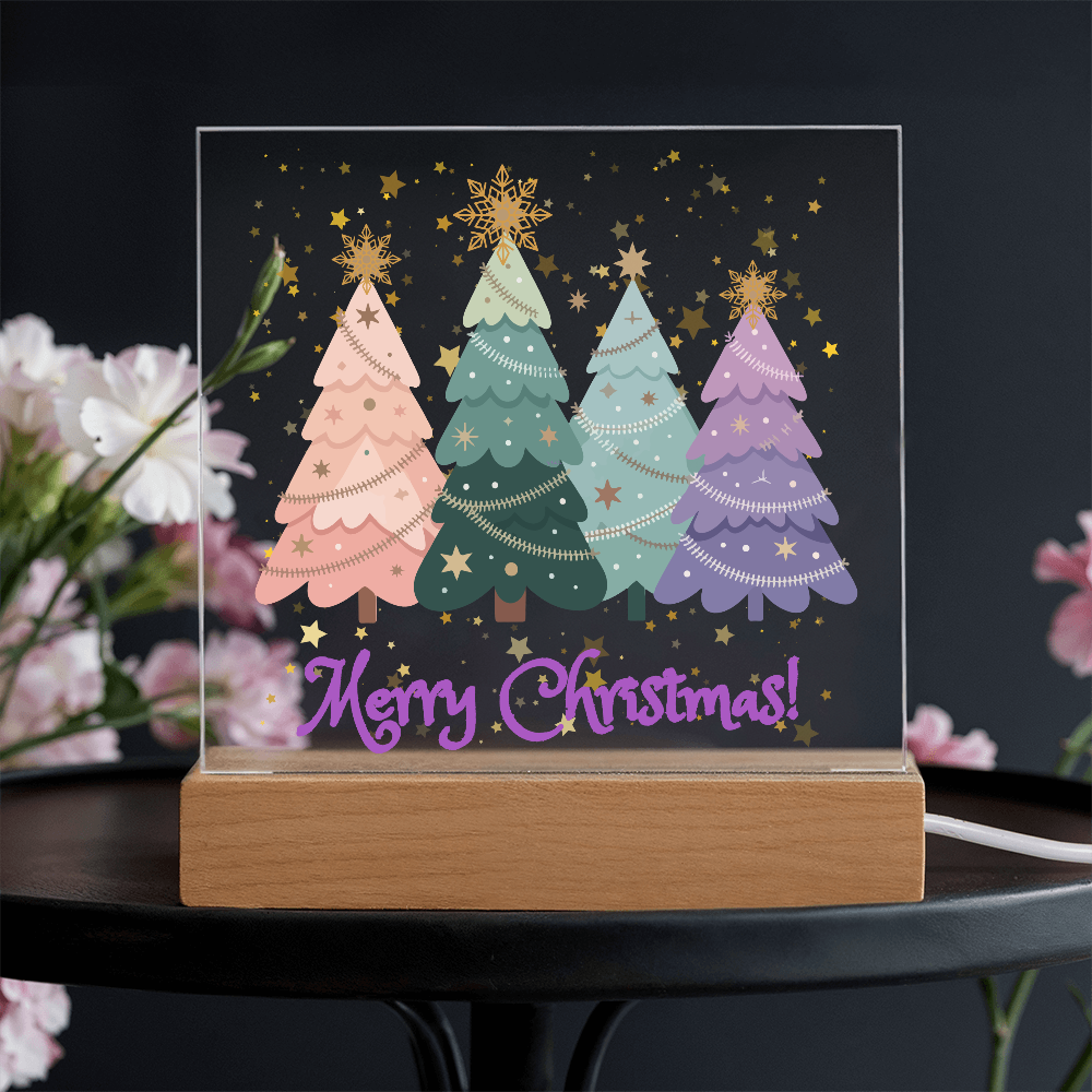 "Merry Xmas!" Enjoy The Magic Of Xmas  With Colorful Pastel Xmas Trees Surrounded By Falling Golden Snowflakes & Stars, Everytime You Turn On Your Beautiful Plaque!