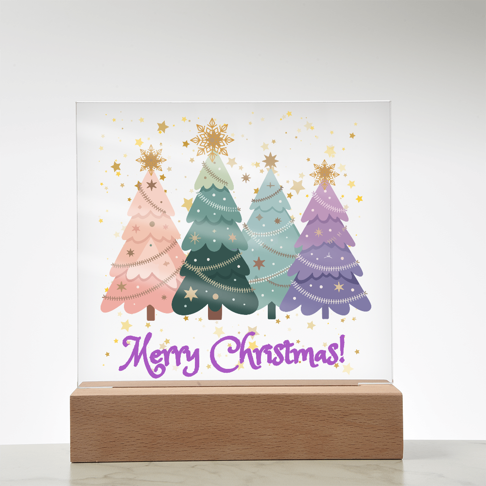 "Merry Xmas!" Enjoy The Magic Of Xmas  With Colorful Pastel Xmas Trees Surrounded By Falling Golden Snowflakes & Stars, Everytime You Turn On Your Beautiful Plaque!