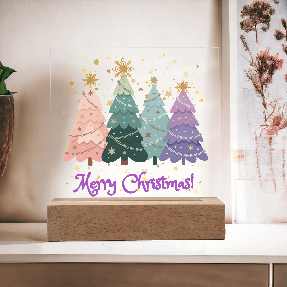 "Merry Xmas!" Enjoy The Magic Of Xmas  With Colorful Pastel Xmas Trees Surrounded By Falling Golden Snowflakes & Stars, Everytime You Turn On Your Beautiful Plaque!
