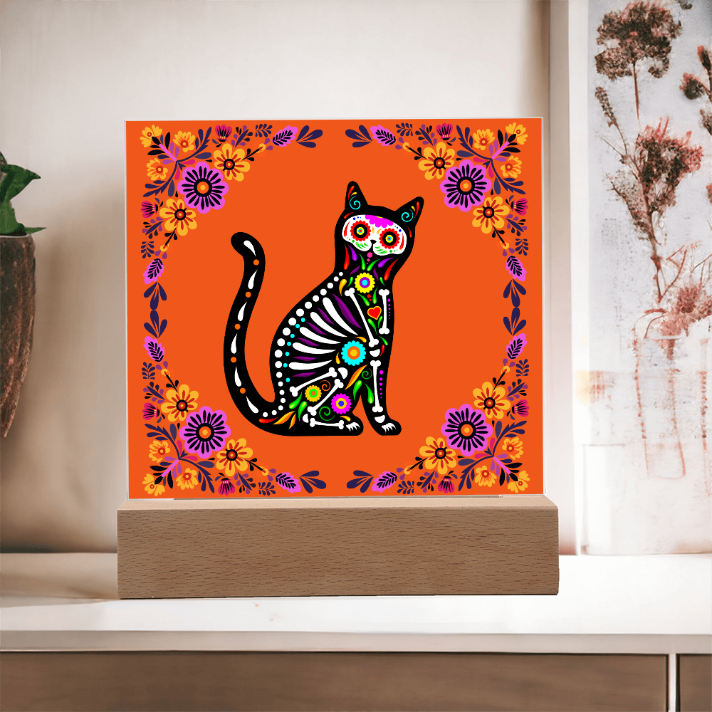 "Sugar Skull Cat"  with Burnt Orange Background, Acrylic Plaque.  A Great gift for  "El Dia De Los Muertos", Halloween or Fall Season!
