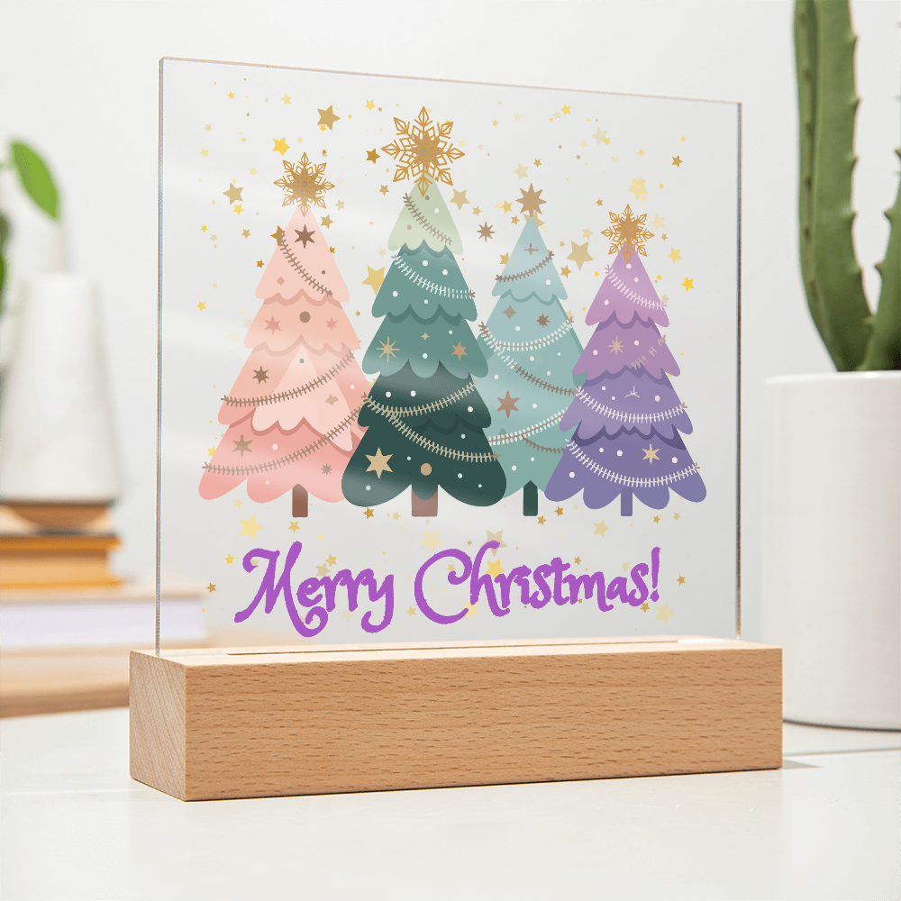 "Merry Xmas!" Enjoy The Magic Of Xmas  With Colorful Pastel Xmas Trees Surrounded By Falling Golden Snowflakes & Stars, Everytime You Turn On Your Beautiful Plaque!
