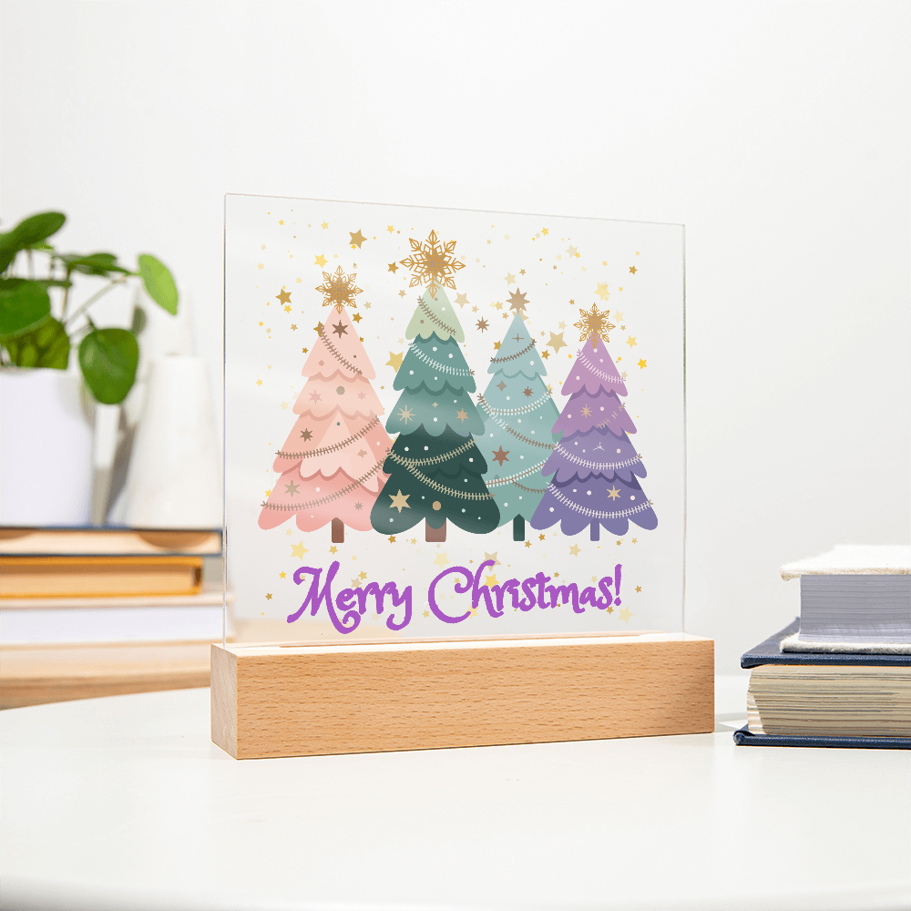 "Merry Xmas!" Enjoy The Magic Of Xmas  With Colorful Pastel Xmas Trees Surrounded By Falling Golden Snowflakes & Stars, Everytime You Turn On Your Beautiful Plaque!