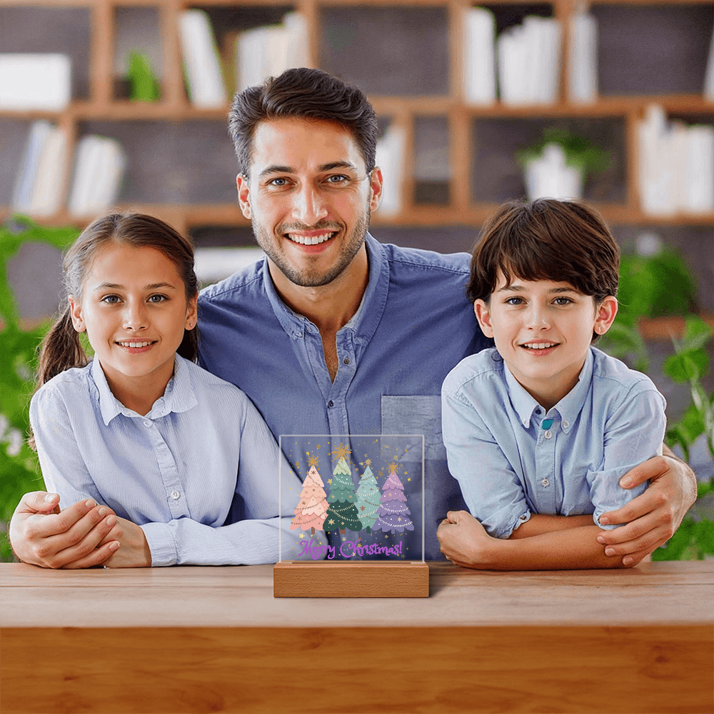 "Merry Xmas!" Enjoy The Magic Of Xmas  With Colorful Pastel Xmas Trees Surrounded By Falling Golden Snowflakes & Stars, Everytime You Turn On Your Beautiful Plaque!