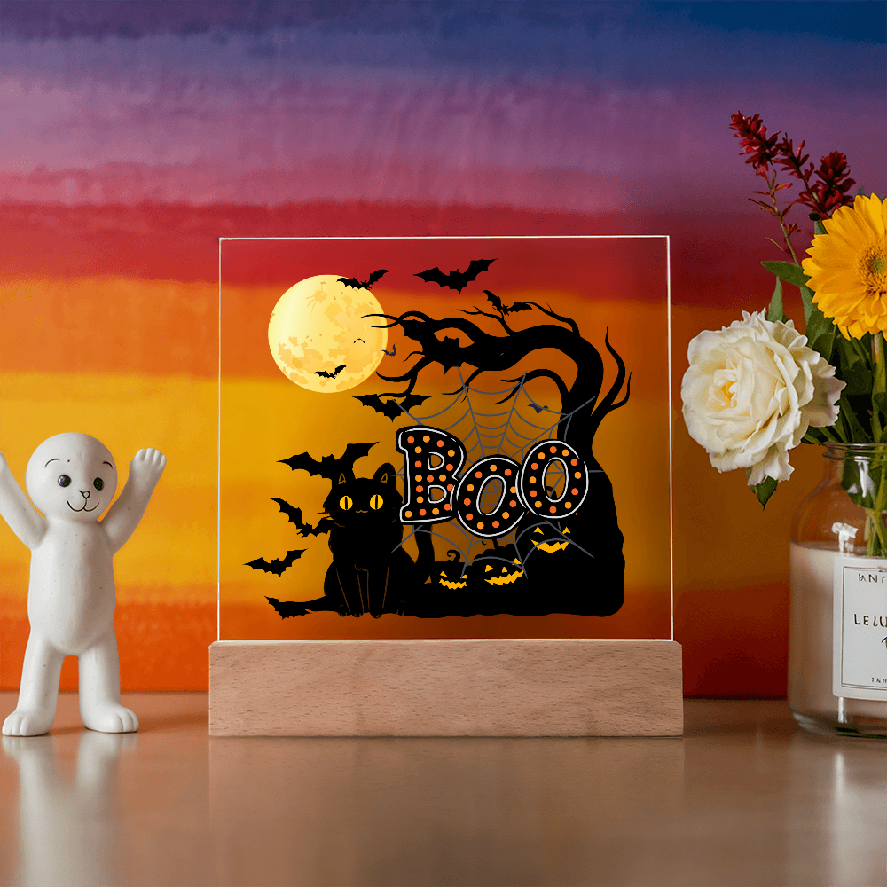 "Boo" Halloween Full Moon, Illuminated Acrylic Plaque!