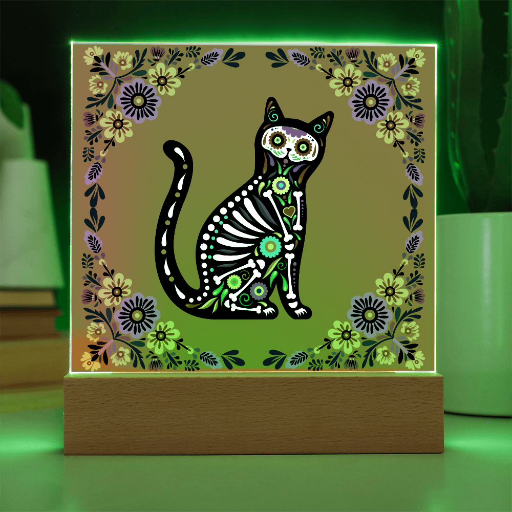 "Sugar Skull Cat"  with Burnt Orange Background, Acrylic Plaque.  A Great gift for  "El Dia De Los Muertos", Halloween or Fall Season!