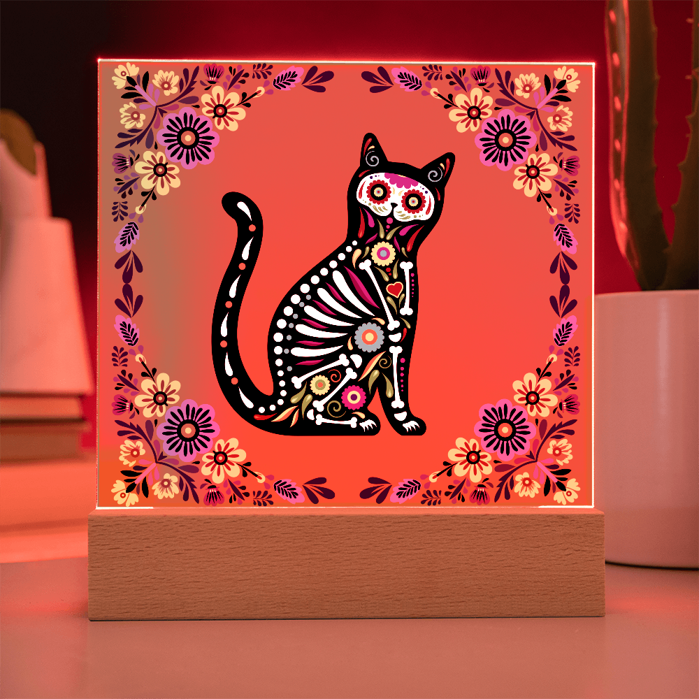 "Sugar Skull Cat"  with Burnt Orange Background, Acrylic Plaque.  A Great gift for  "El Dia De Los Muertos", Halloween or Fall Season!