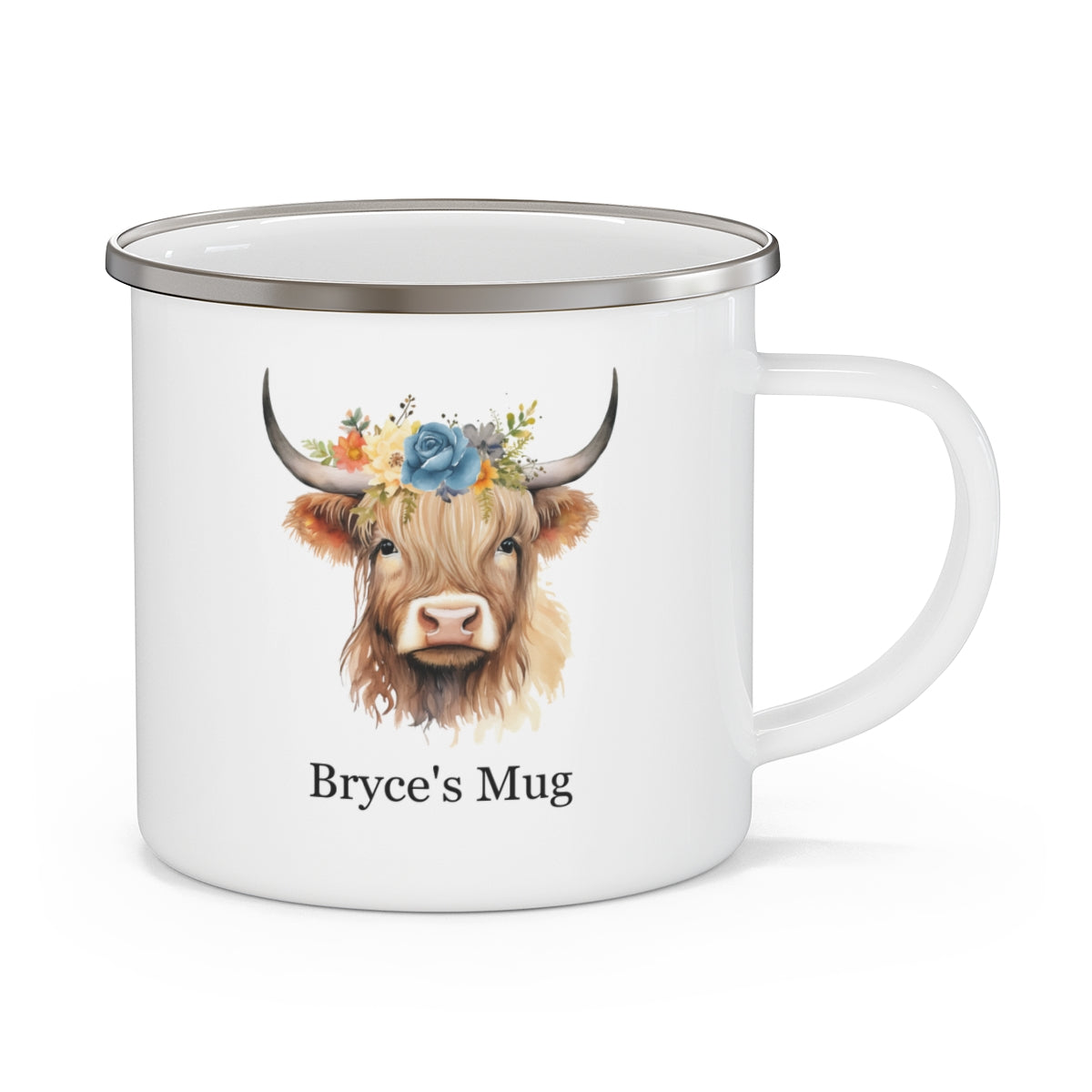 "Highland Cow" Personalized (Blue Rose) Enamel Camping Mug