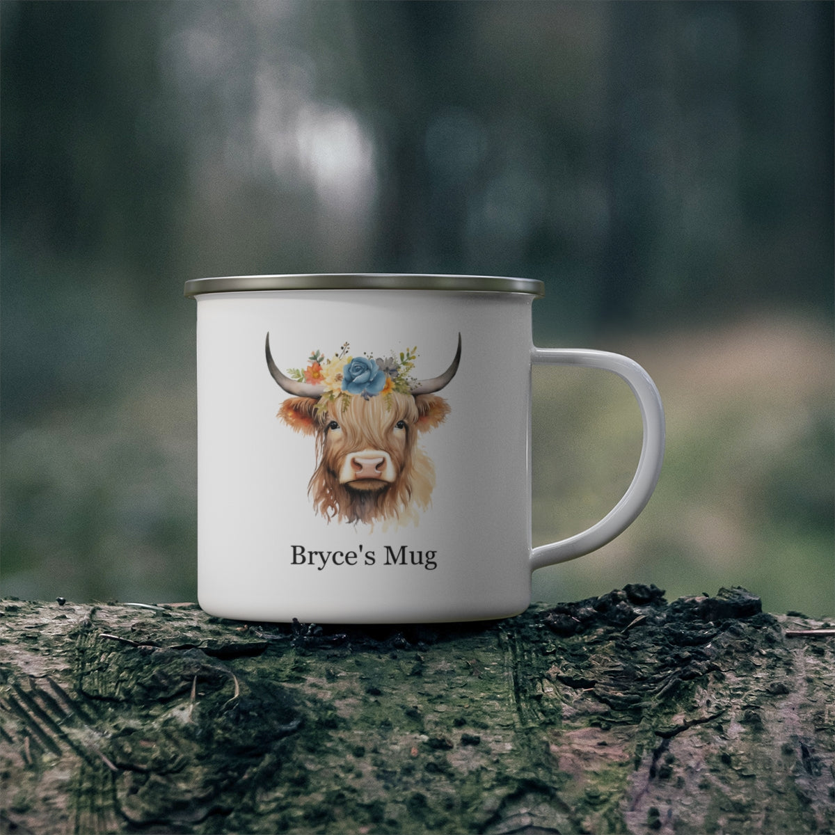 "Highland Cow" Personalized (Blue Rose) Enamel Camping Mug