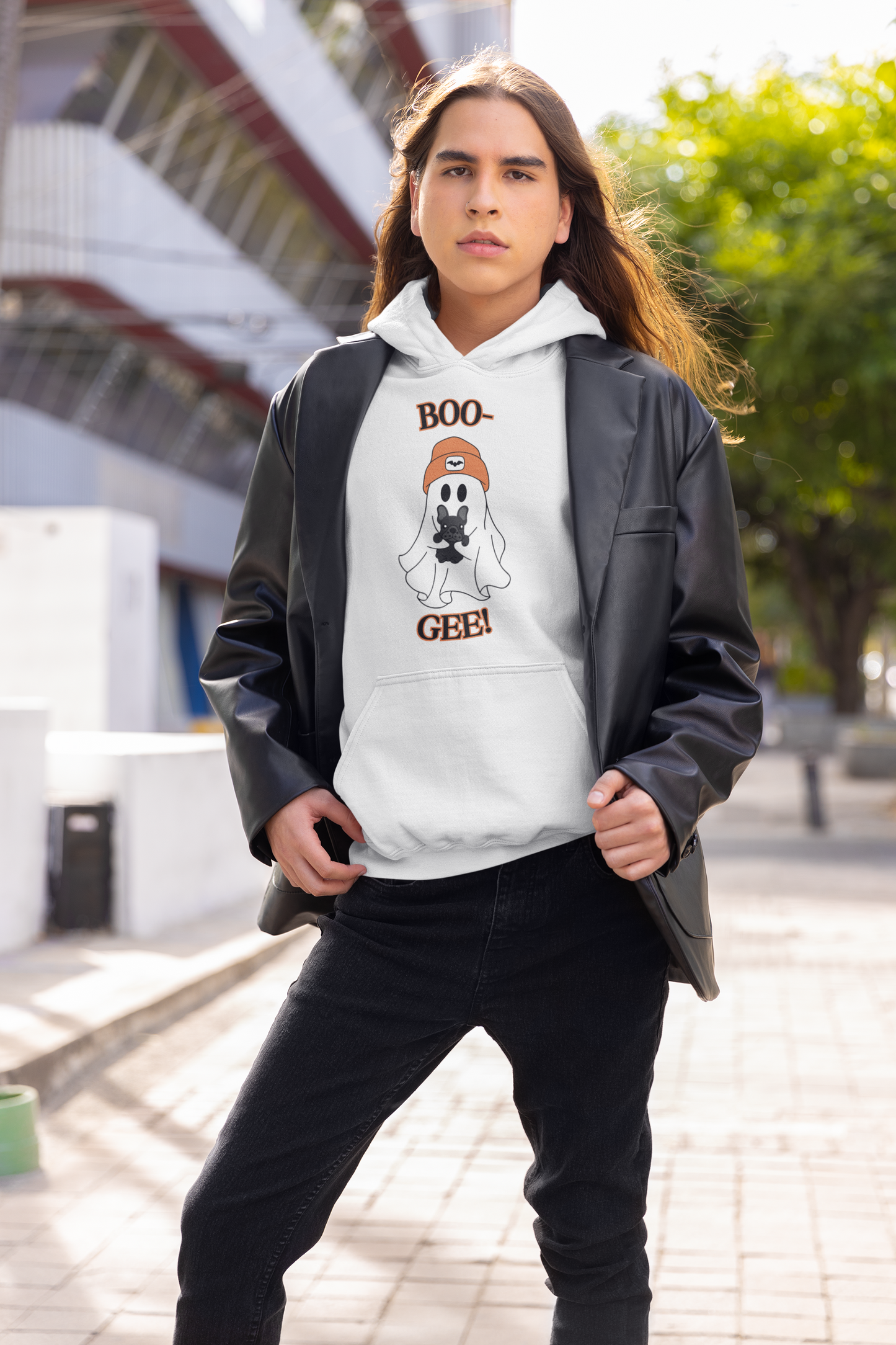 "BOO-GEE"!  Ghost with French Bulldog, White Unisex Pullover Hoodie