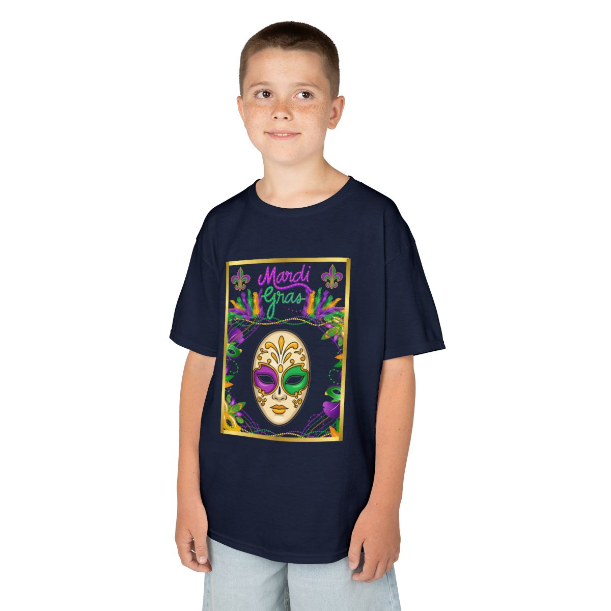 "Mardi  Gras Mask"  Youth Unisex  Boxy T-Shirt.  This Stylish & Colorful Tee Has All The Elements Needed For Carnival Cheer!