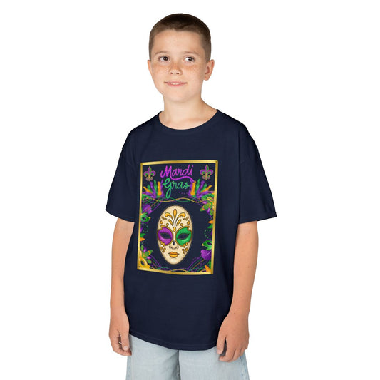 "Mardi  Gras Mask"  Youth Unisex  Boxy T-Shirt.  This Stylish & Colorful Tee Has All The Elements Needed For Carnival Cheer!