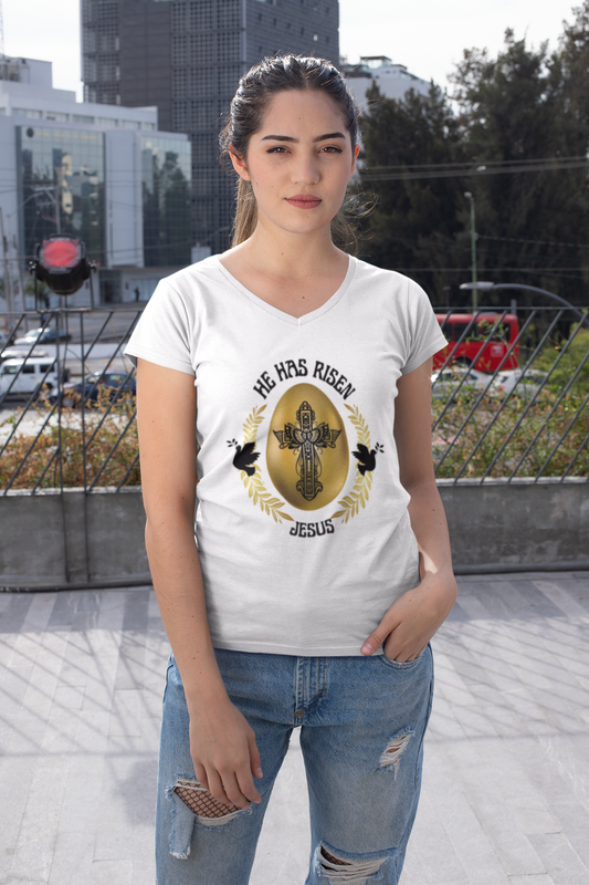 "He Has Risen" Unisex V-Neck Tee, Black Text