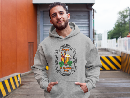 "Happy St. Patrick's Day-Cheers!", Unisex Pullover Hoodie.   This Adult Hoodie Is Sure To Get One In The Mood To Celebrate!