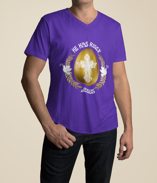 "He Has Risen" Unisex, V-Neck Tee, White Text
