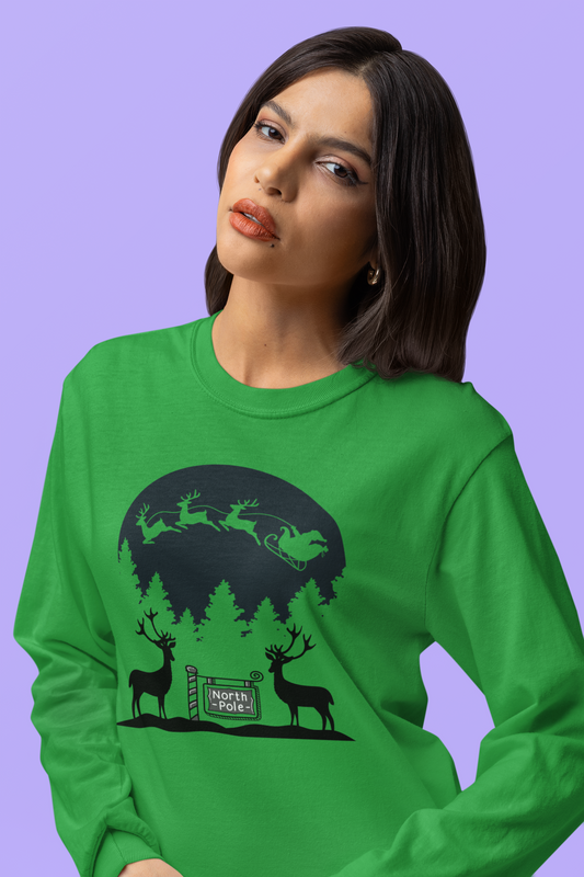 "Santa And His Reindeer" Unisex Long Sleeve Tee —A Charming, Rustic Christmas Scene with Santa, Reindeer & Forest Silhouette