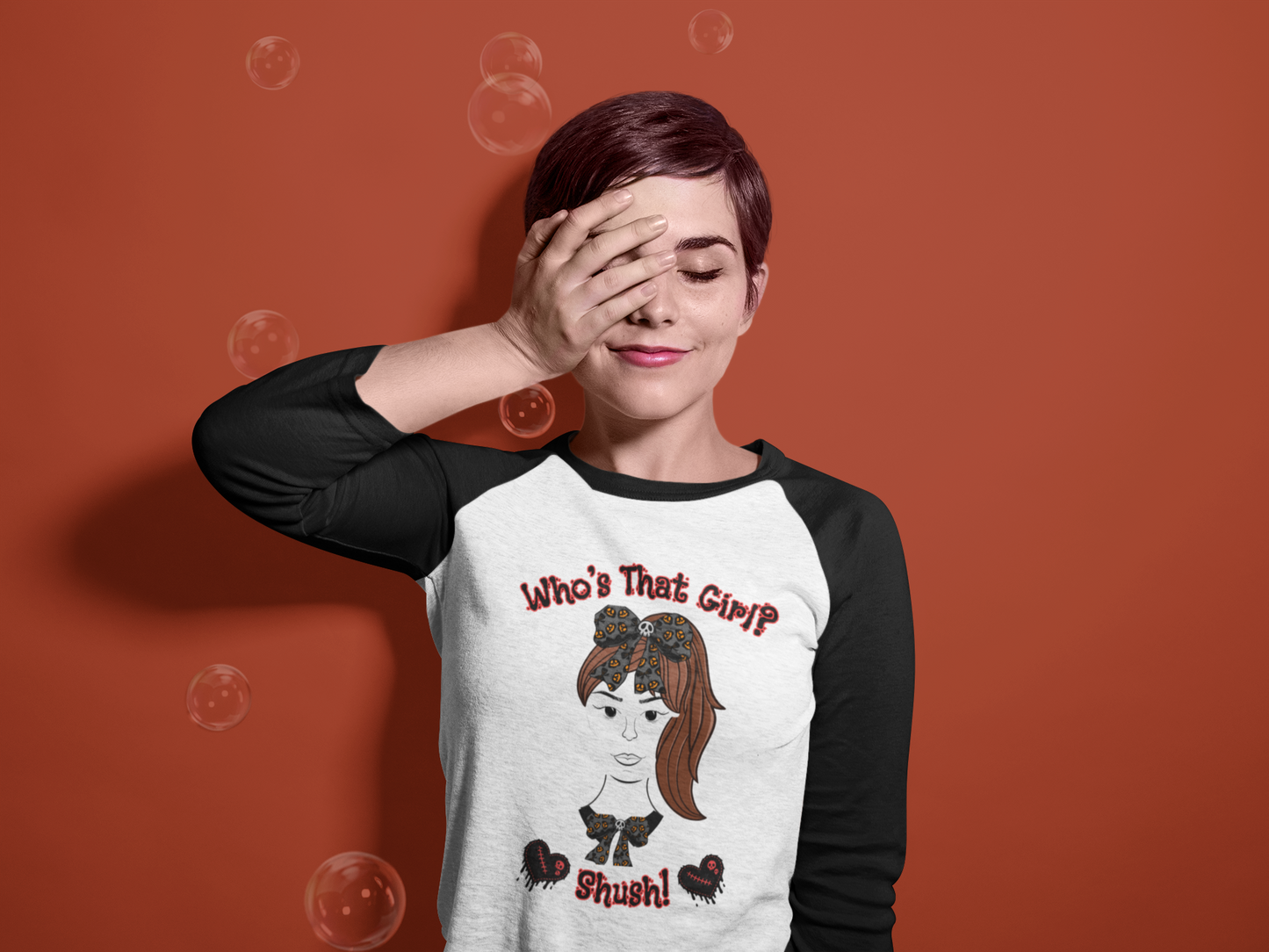 "Who's That Girl?" Unisex Three-Quarter Sleeve Raglan Shirt. A perfect "Goth" Gift!