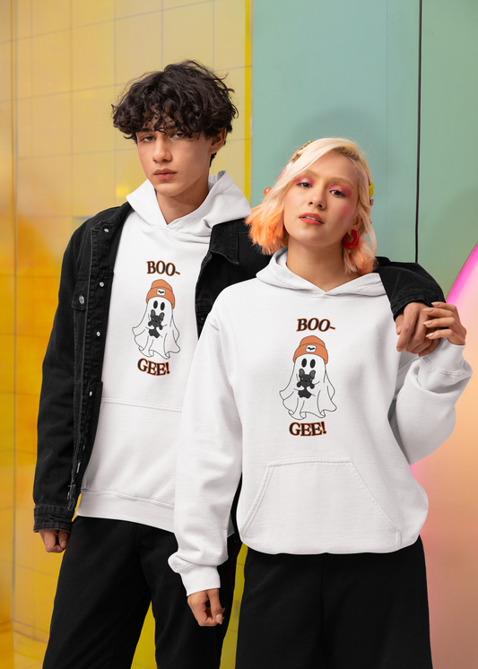 "BOO-GEE"!  Ghost with French Bulldog, White Unisex Pullover Hoodie