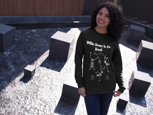 "Gettin' Down To Da Bone" Halloween Skeleton Dance, Unisex Long Sleeve Tee in Dark Colors